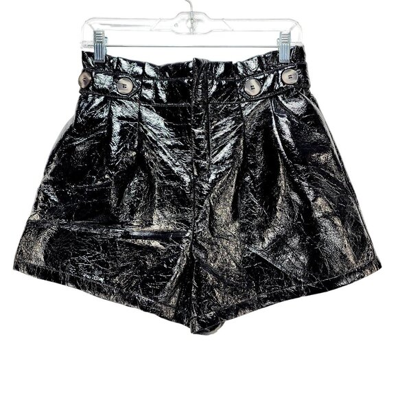 Shiny Black Faux Leather High-Waisted Shorts With Button Details Size L - Picture 1 of 8